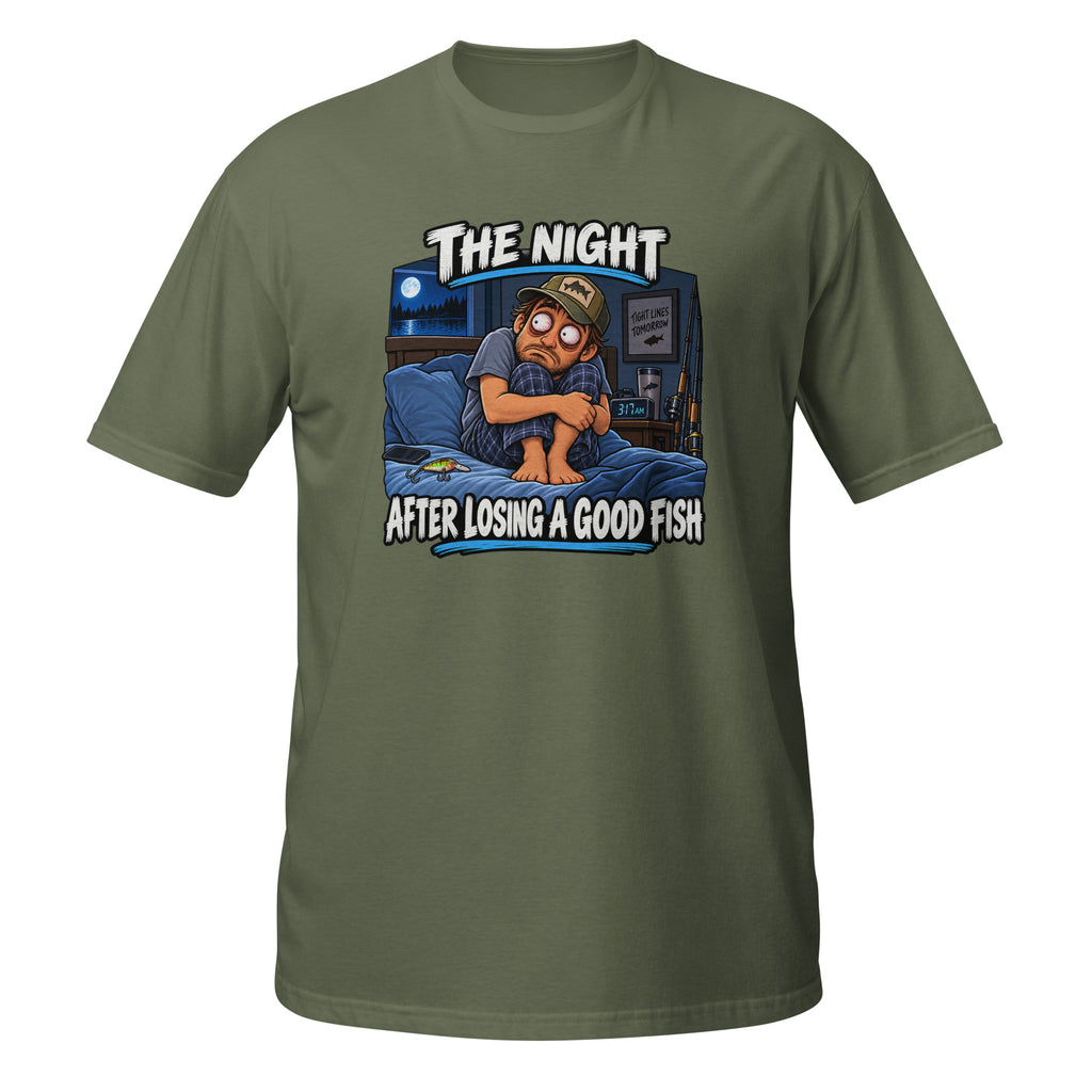 The Night After Losing a Good Fish Tee in military green, front view
