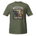 Weekend Forecast Fish Now Adulting Can Wait Tee in military green, front view