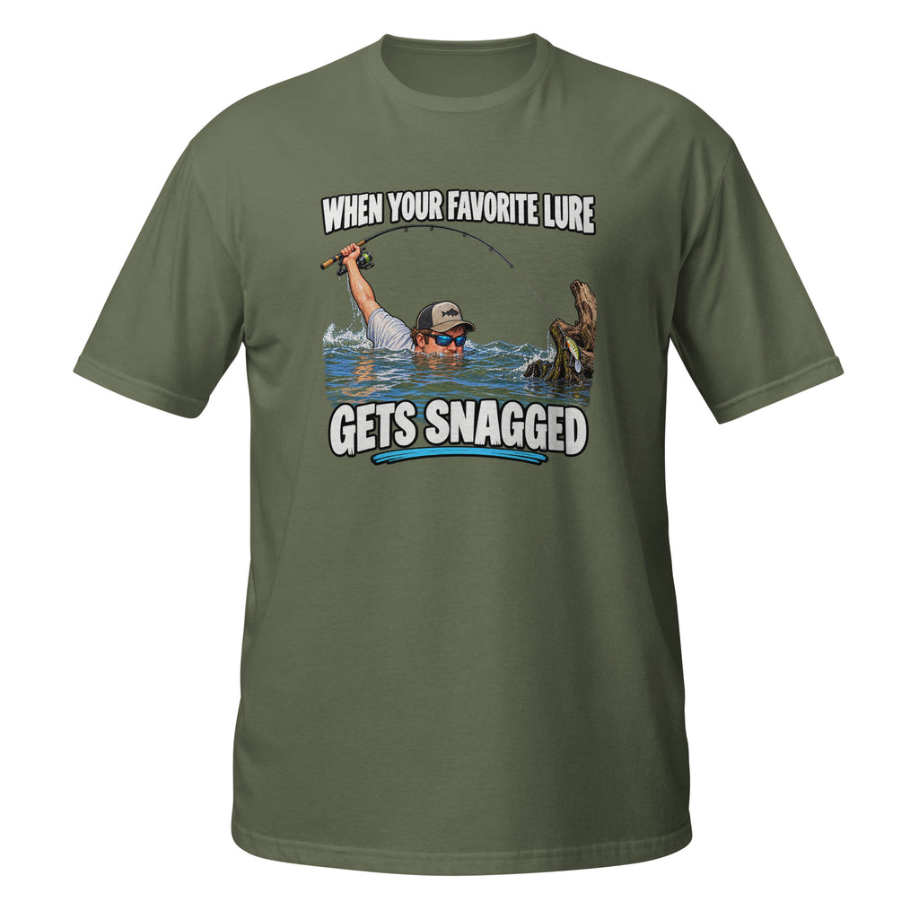 When Your Favorite Lure Gets Snagged Tee in military green, front view