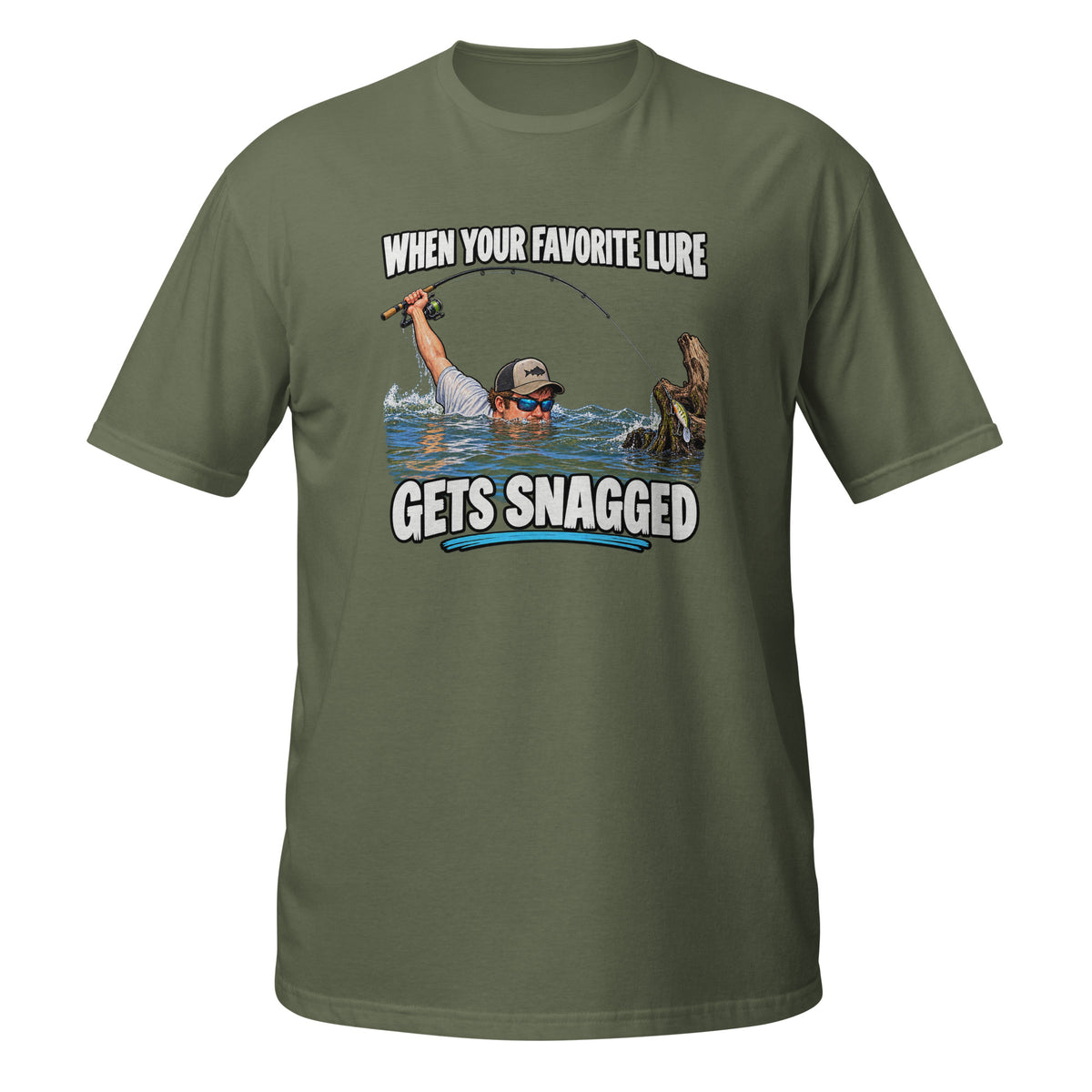 When Your Favorite Lure Gets Snagged Tee in military green, front view