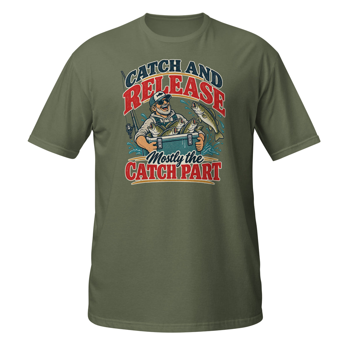 Catch and Release Mostly the Catch Part Tee in military green, front view