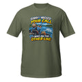 Sorry I Missed Your Call I Was on the Other Line Tee in military green, front view