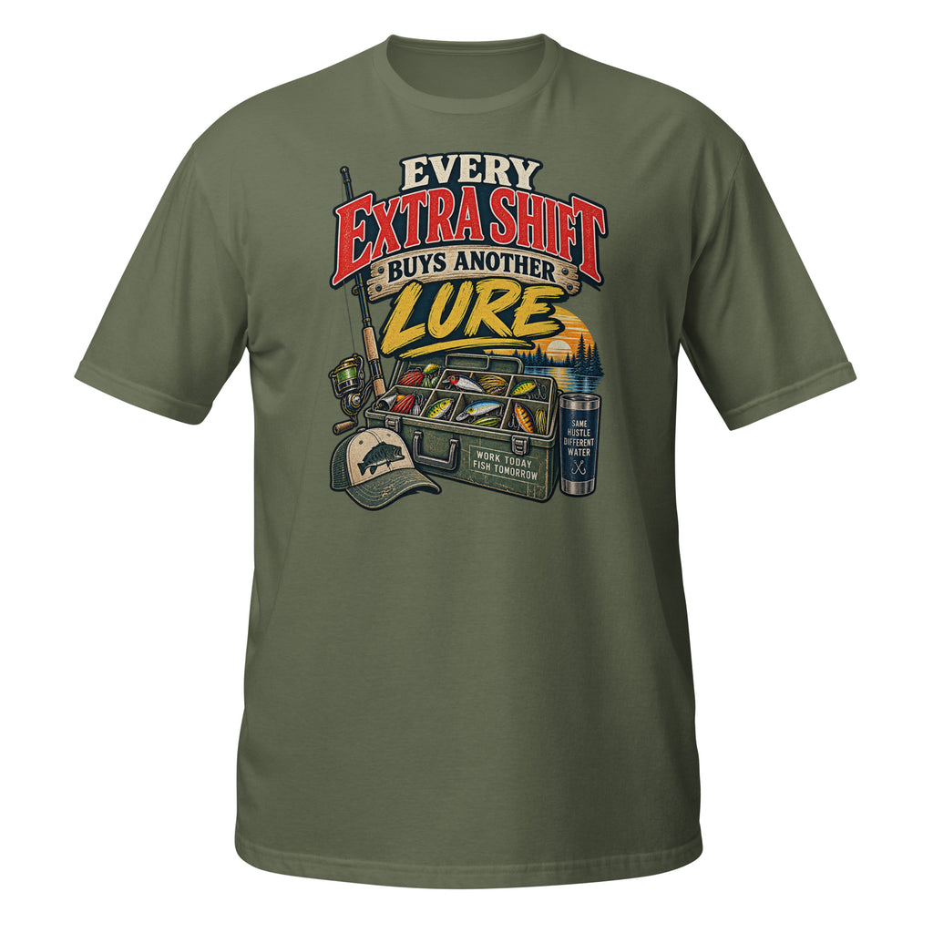 Every Extra Shift Buys Another Lure Tee in military green, front view
