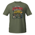 Every Extra Shift Buys Another Lure Tee in military green, front view