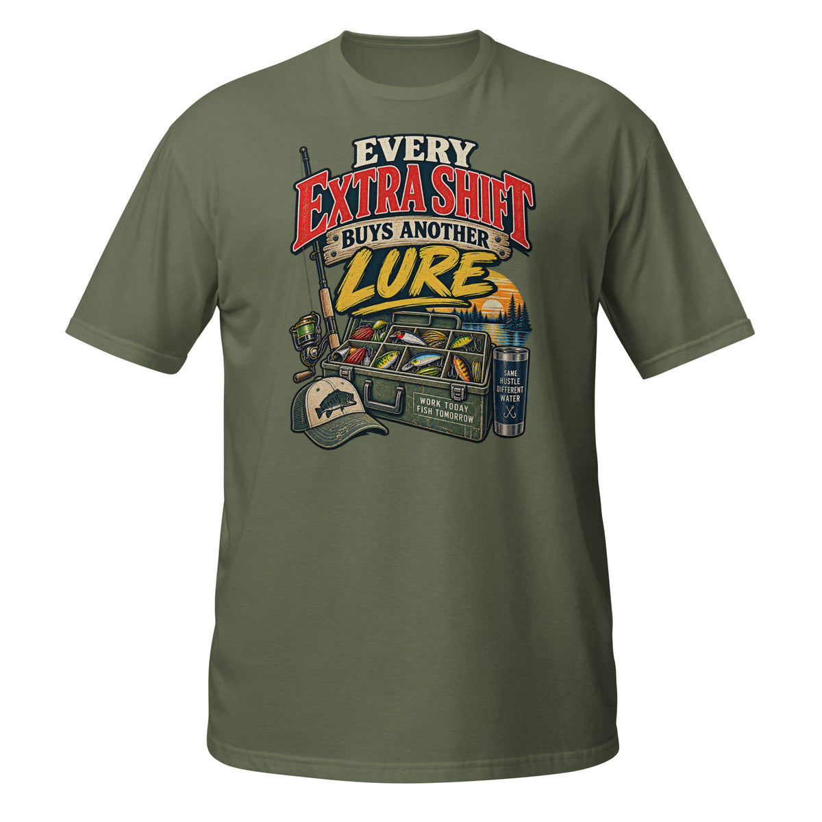 Every Extra Shift Buys Another Lure Tee in military green, front view