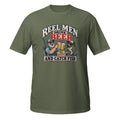 Reel Men Drink Beer and Catch Fish Tee in military green, front view