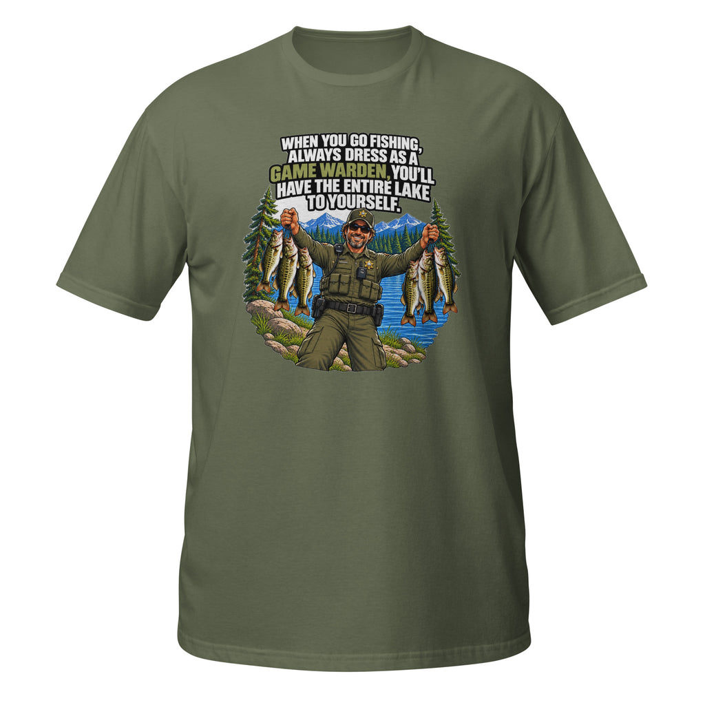 Dress Like a Game Warden Fishing Tee in military green, front view