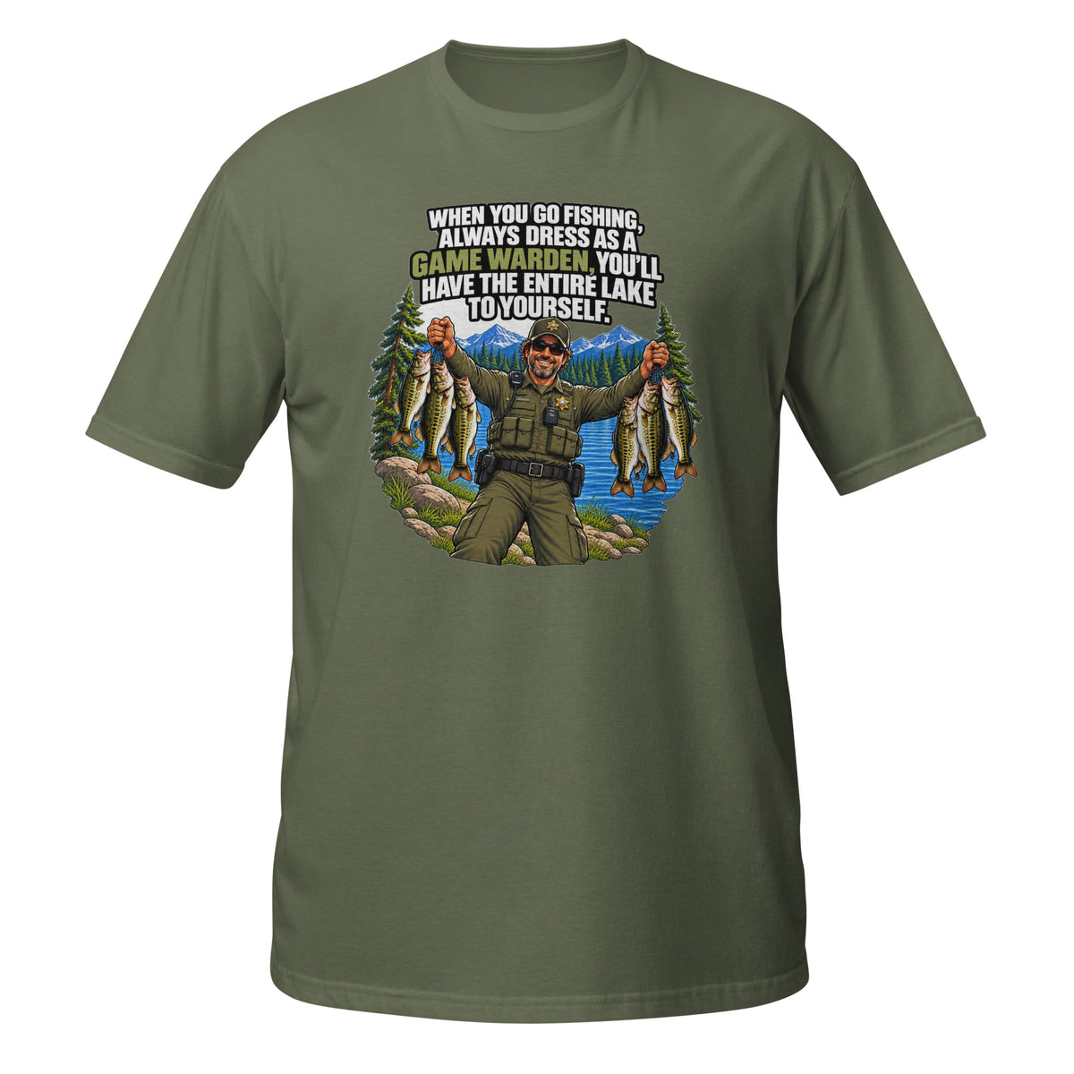 Dress Like a Game Warden Fishing Tee in military green, front view