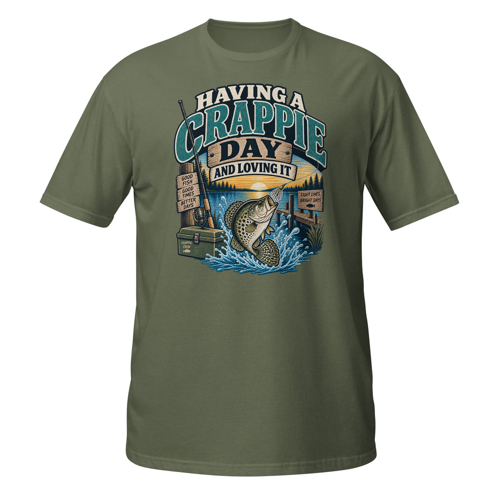 Having a Crappie Day and Loving It fishing tee in military green, front graphic with jumping crappie and lake scene