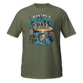 Having a Crappie Day and Loving It fishing tee in military green, front graphic with jumping crappie and lake scene