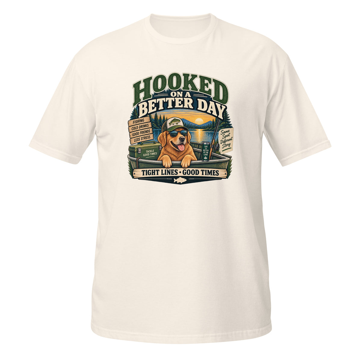 Hooked on a Better Day Dog Fishing Tee in natural, front view