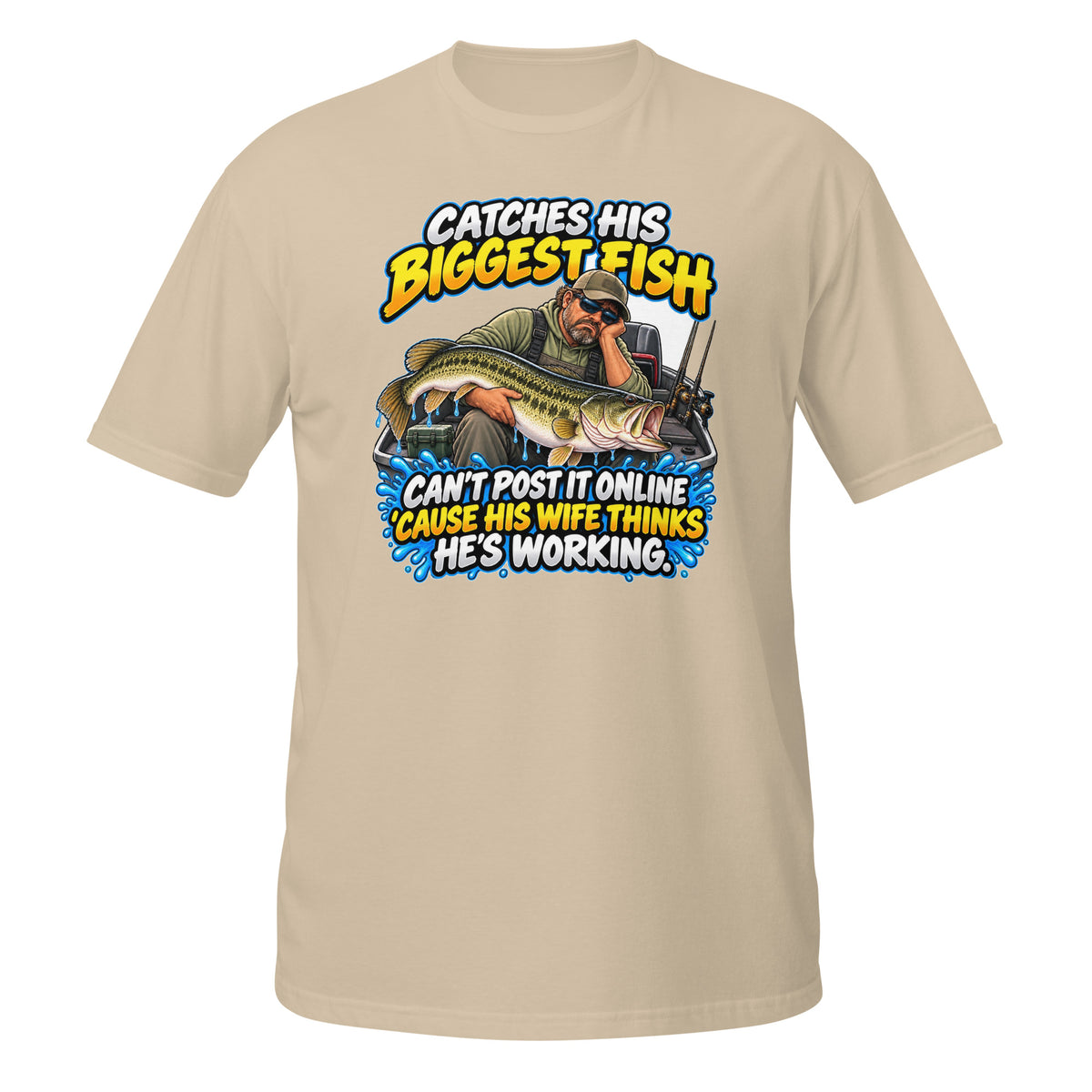 Can’t Post It Online Fishing Tee in sand, front view