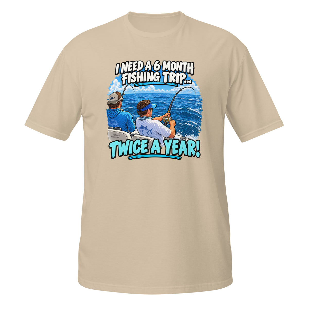 Twice a Year Fishing Trip Tee in sand, front view