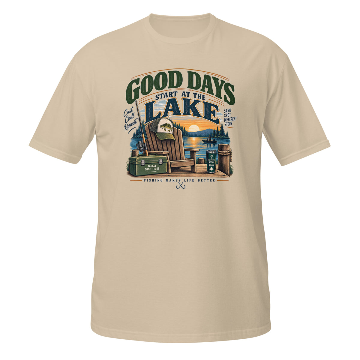 Good Days Start at the Lake Fishing Tee in sand, front view
