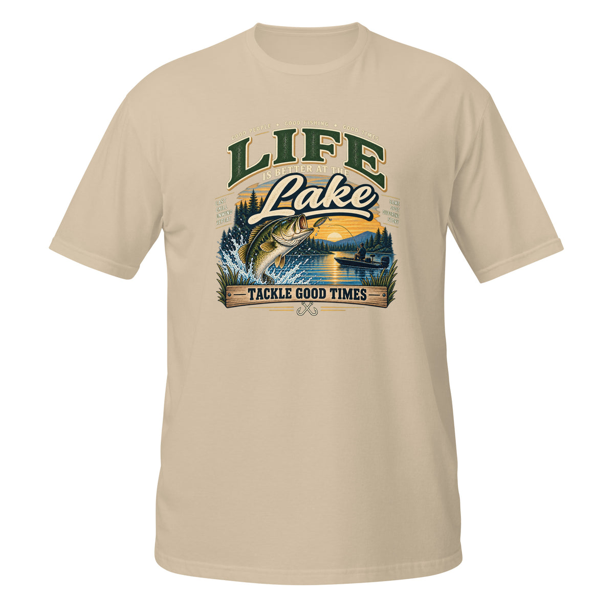 Tackle Good Times at the Lake Tee in sand, front view