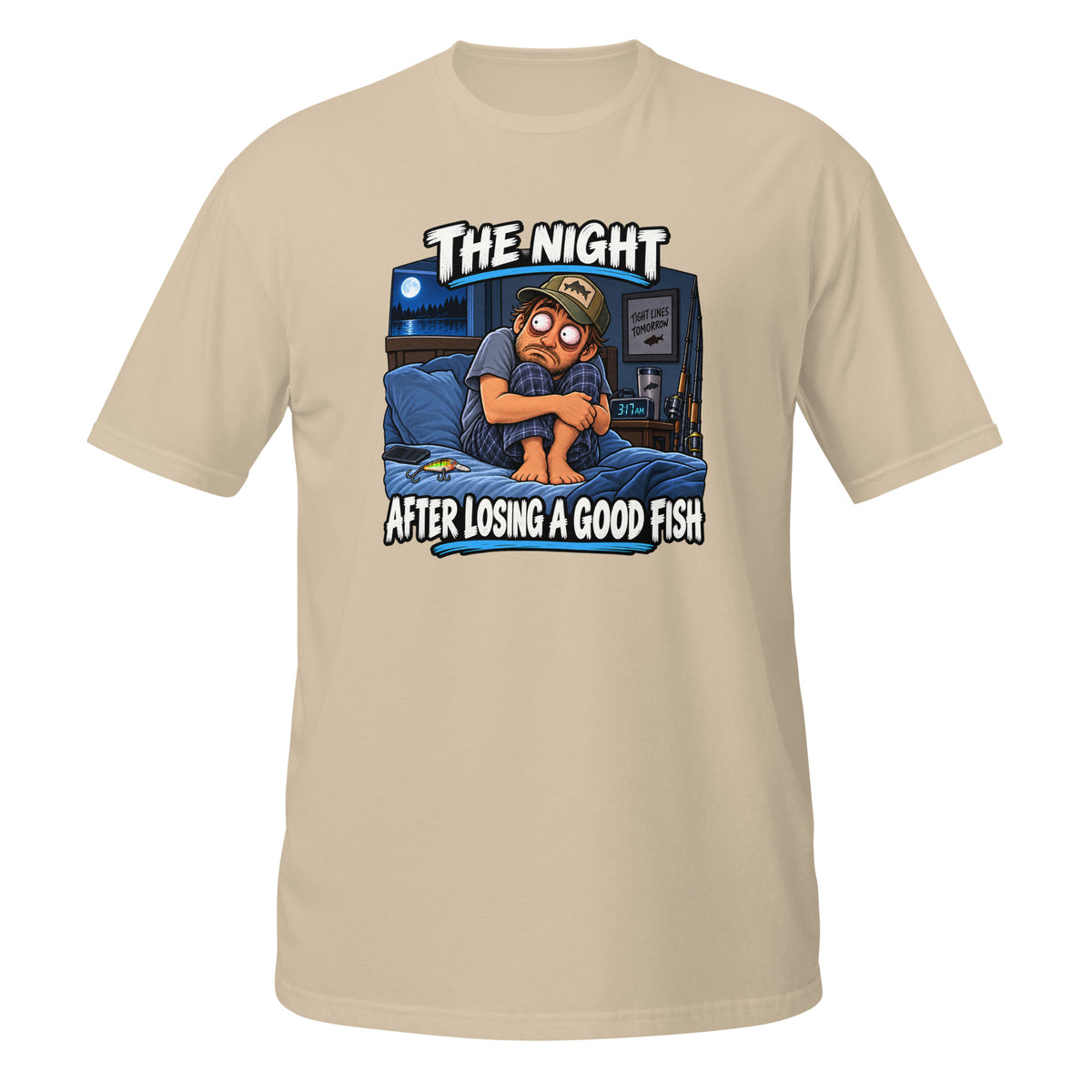 The Night After Losing a Good Fish Tee in sand, front view