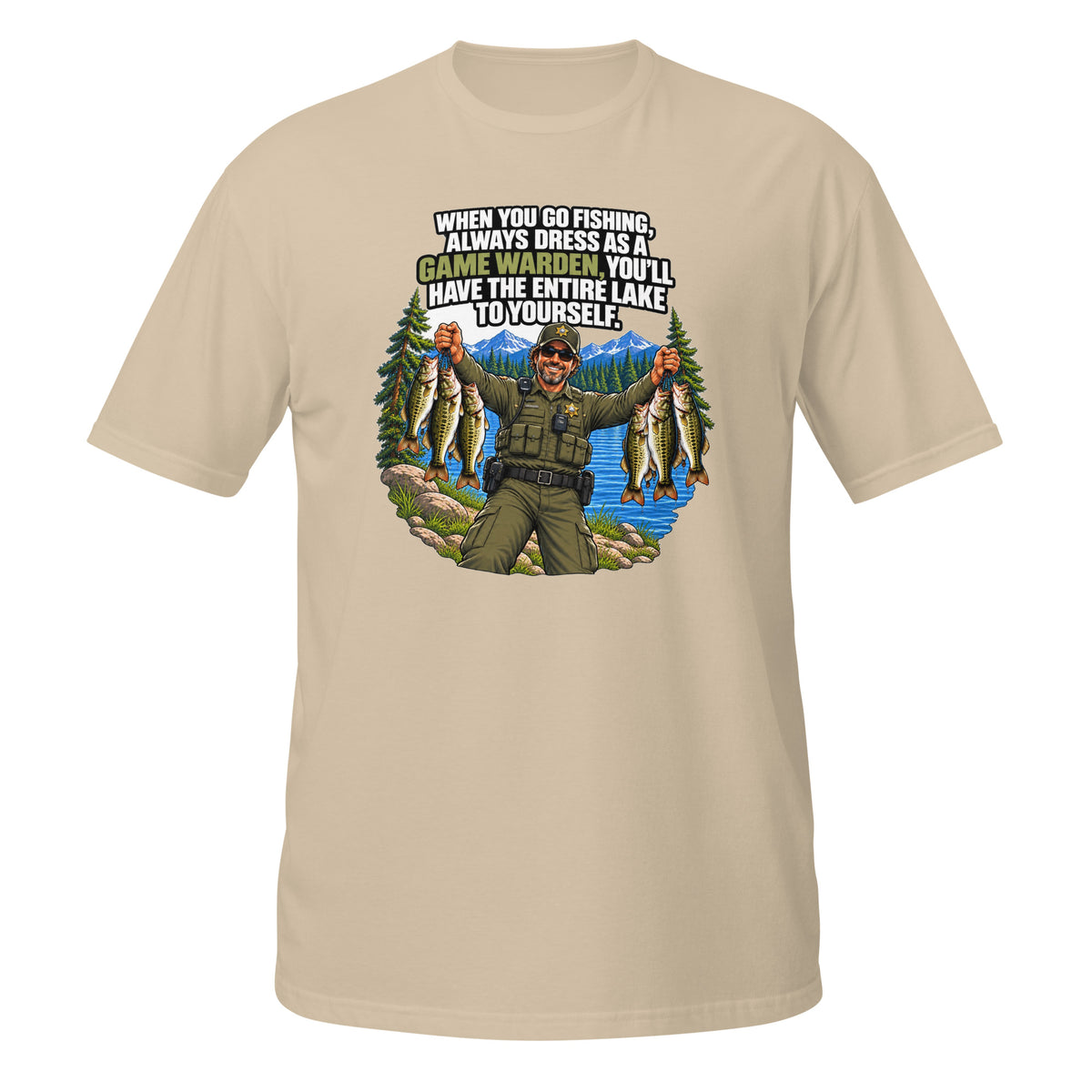 Dress Like a Game Warden Fishing Tee in sand, front view
