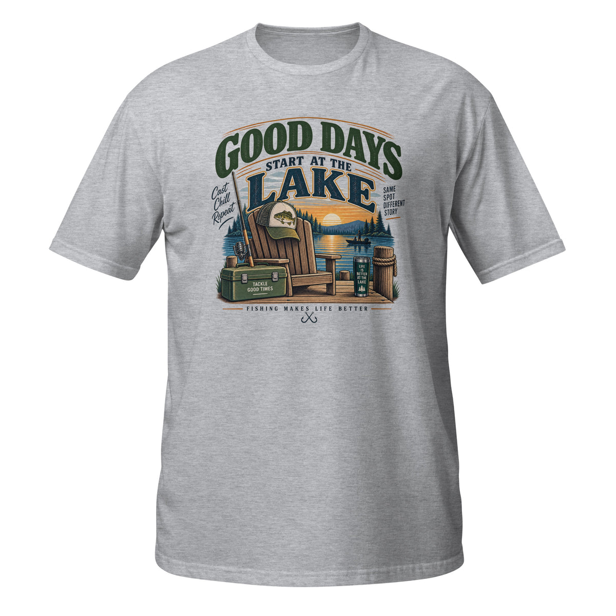Good Days Start at the Lake Fishing Tee in sport grey, front view