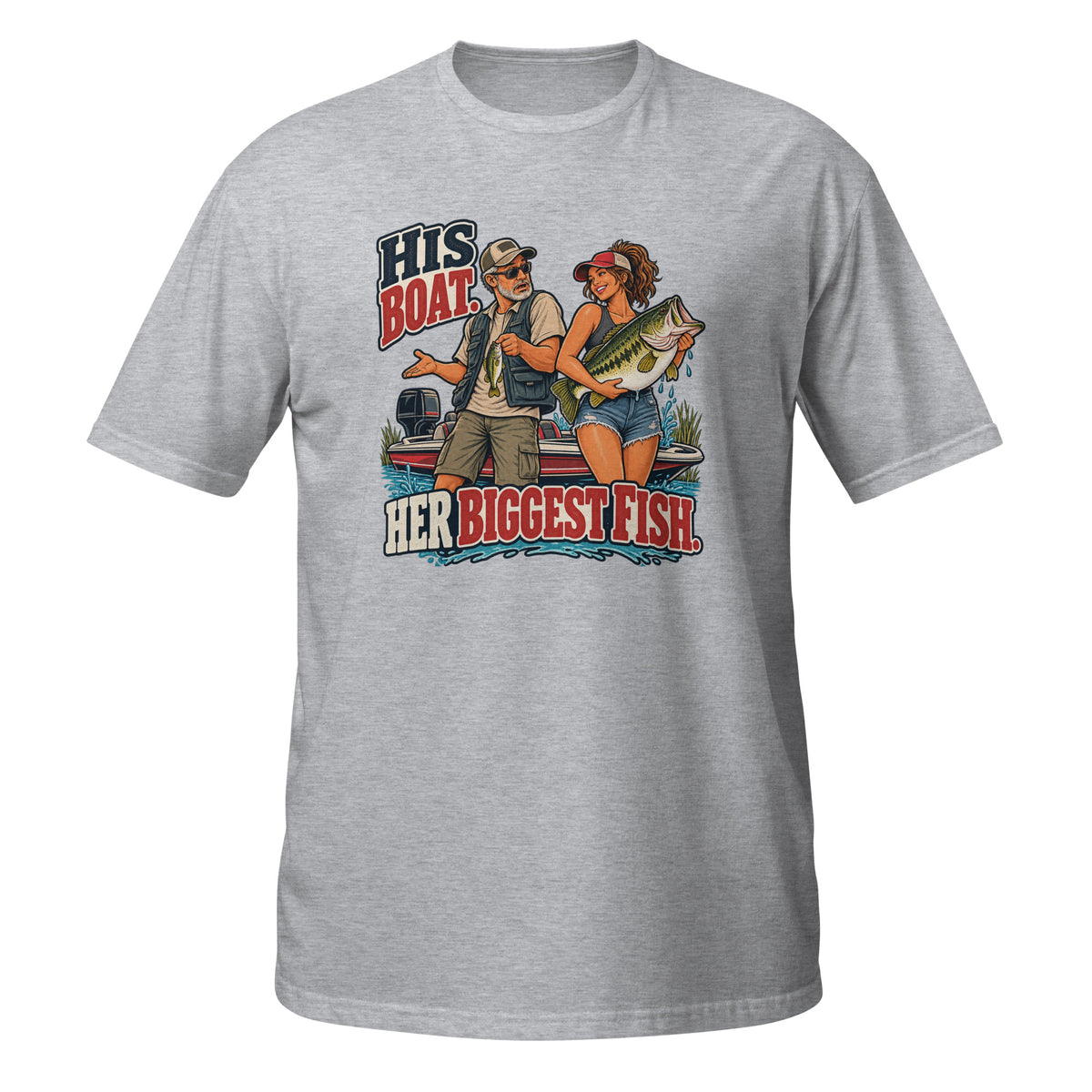 His Boat Her Biggest Fish Tee in sport grey, front view