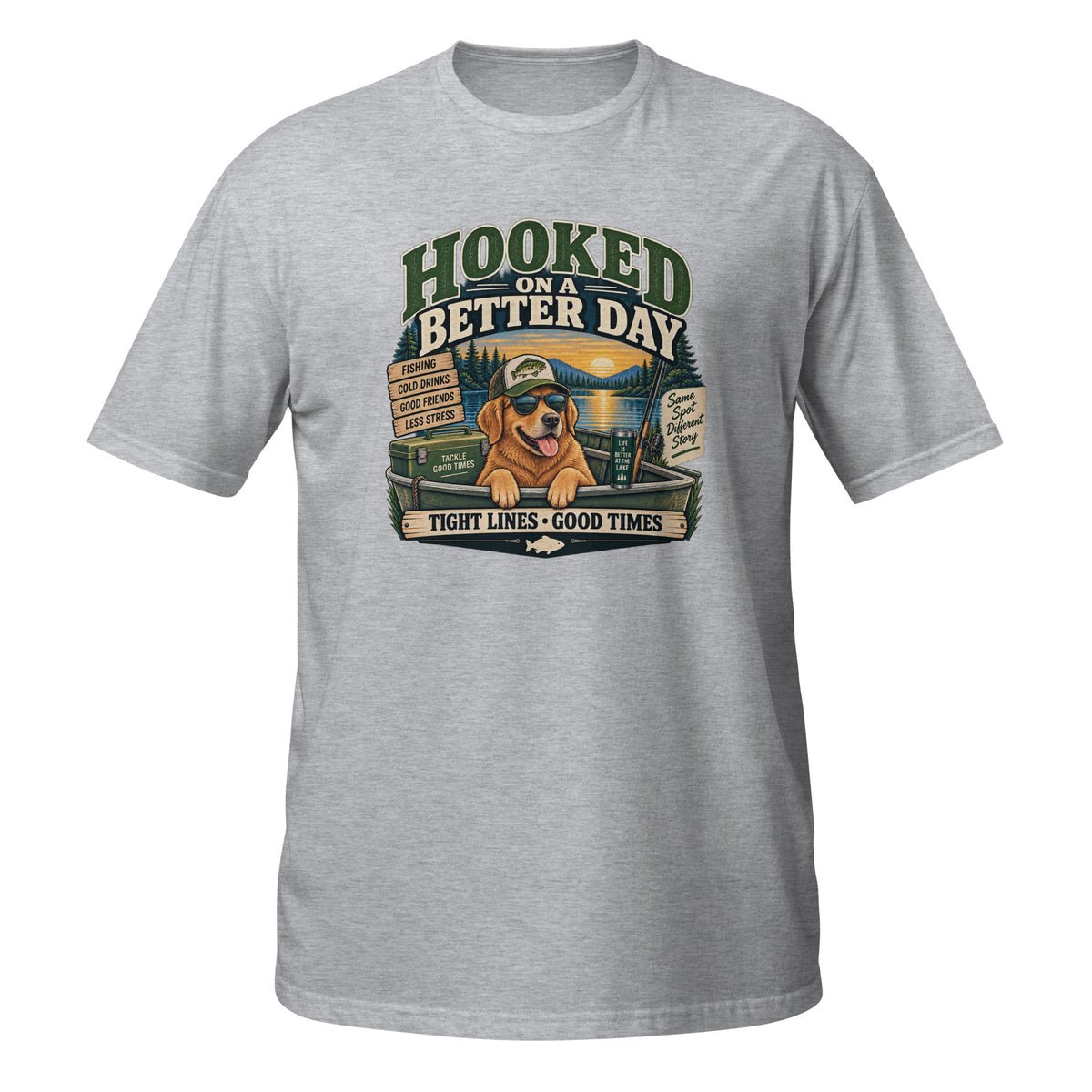 Hooked on a Better Day Dog Fishing Tee in sport grey, front view