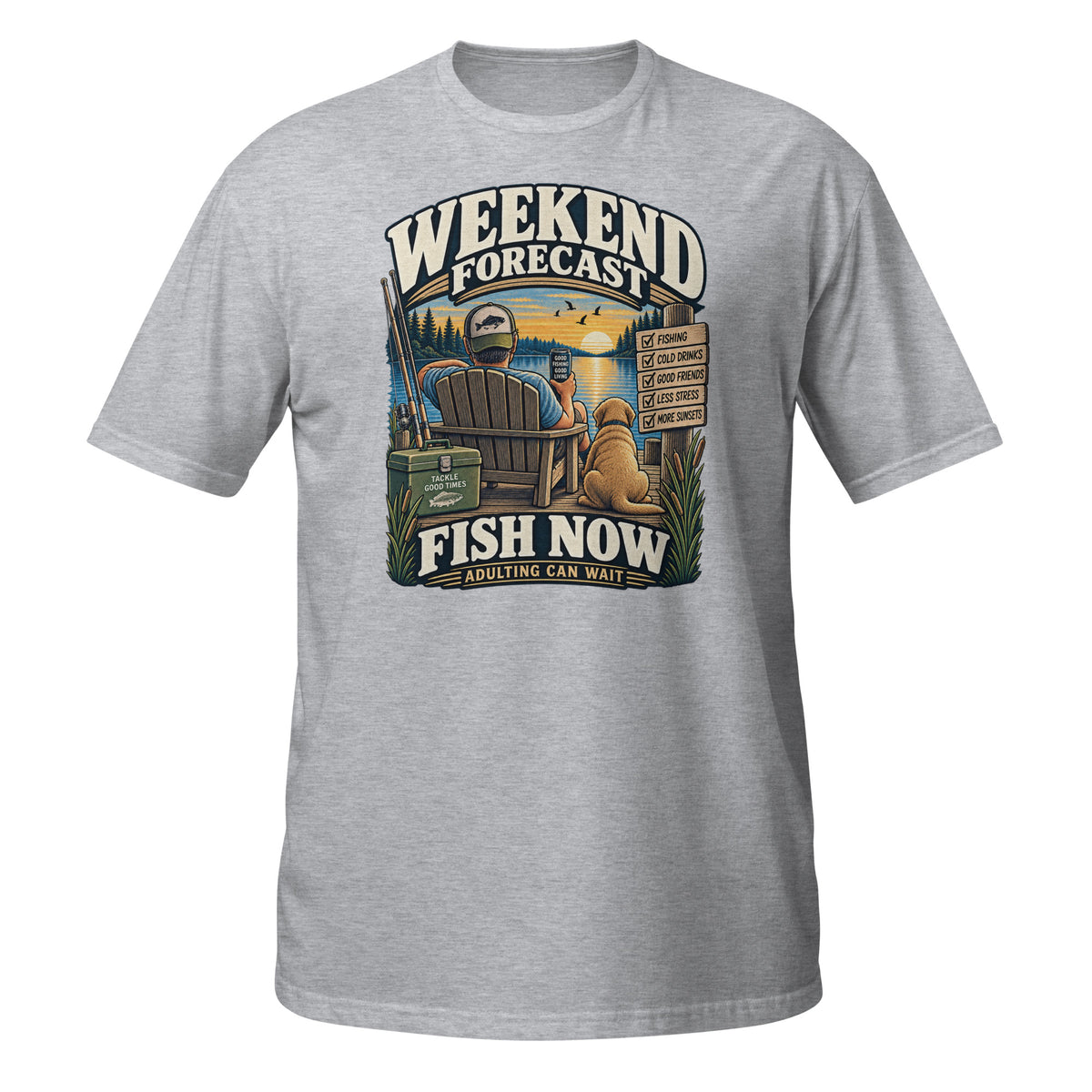 Weekend Forecast Fish Now Adulting Can Wait Tee in sport grey, front view