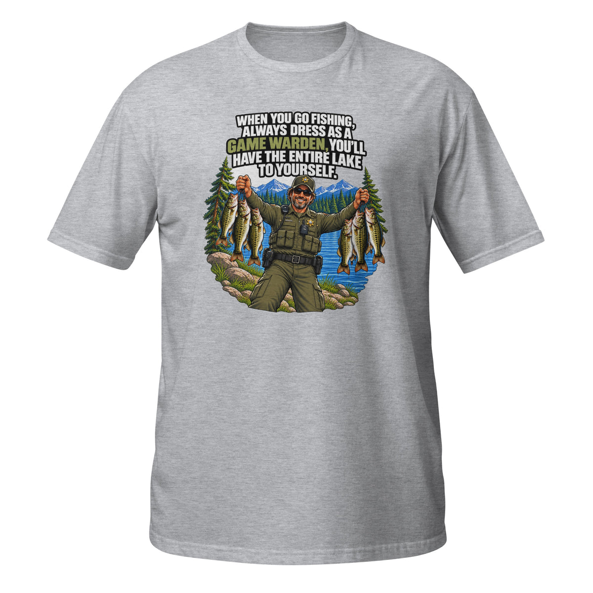 Dress Like a Game Warden Fishing Tee in sport grey, front view