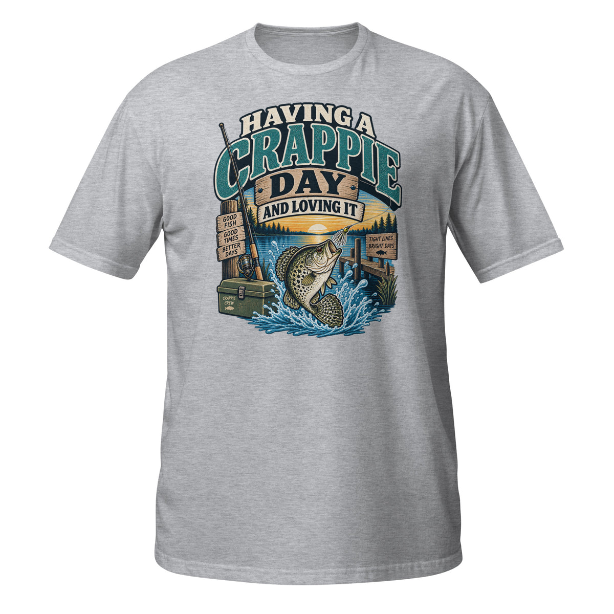 Having a Crappie Day and Loving It fishing tee in sport grey, front graphic with jumping crappie and lake scene