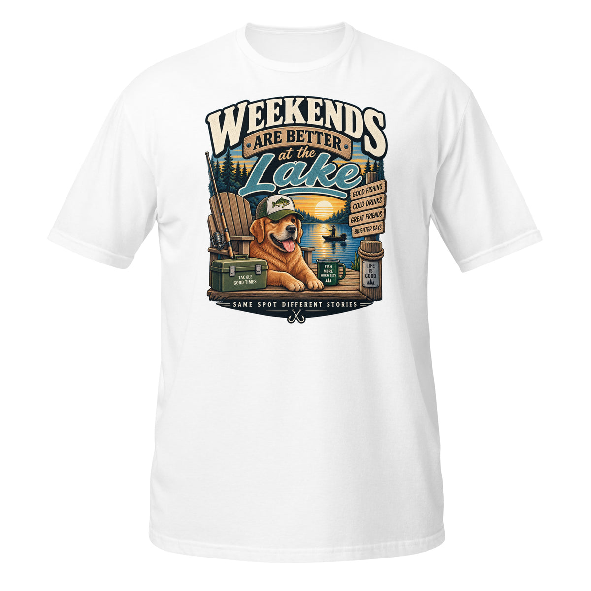 Weekends Are Better at the Lake Fishing Tee in white, front view