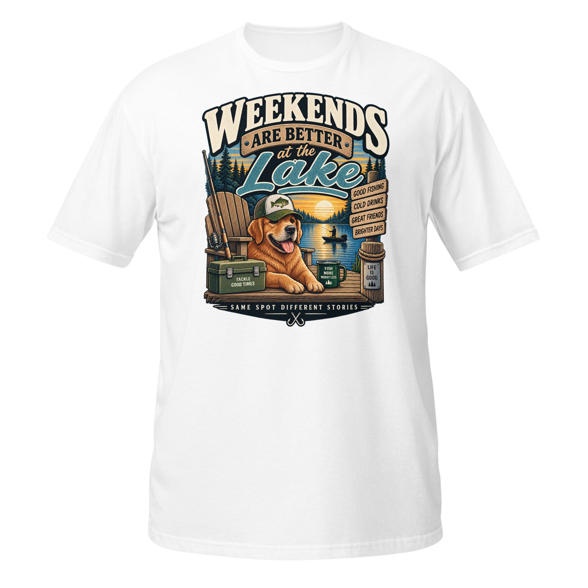 Weekends Are Better at the Lake Fishing Tee in white, front view