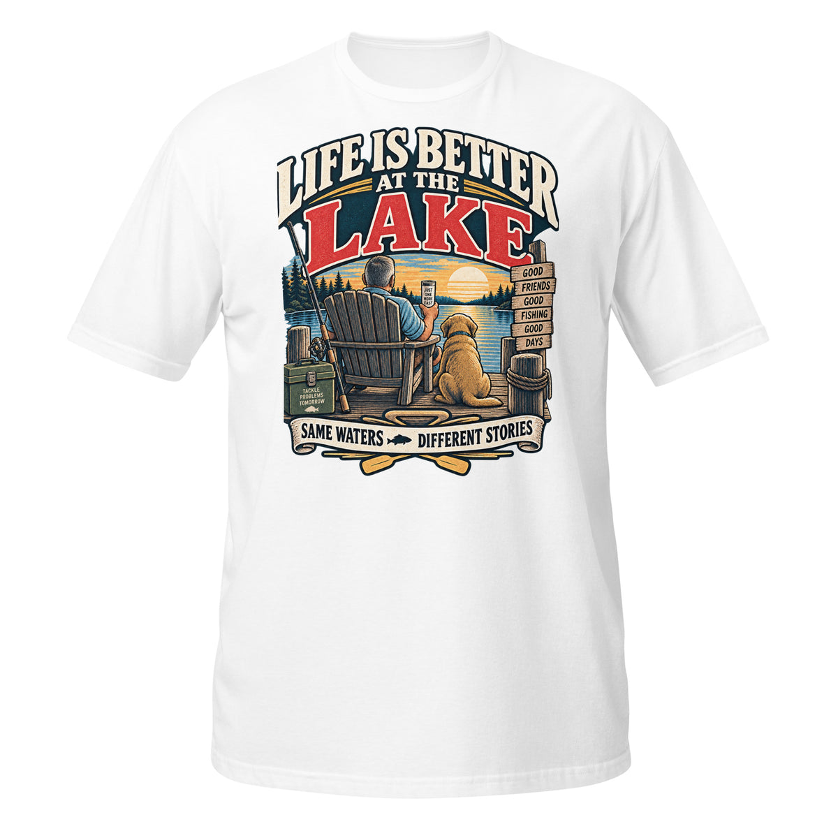 Life Is Better at the Lake Fishing Tee in white, front view