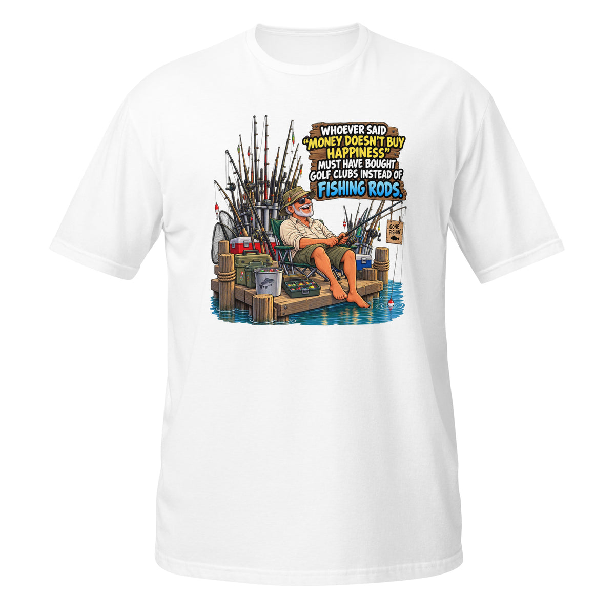 Money Buys Fishing Rods Tee in white, front view