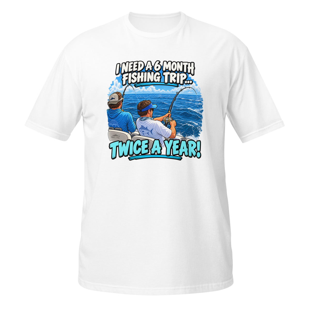 Twice a Year Fishing Trip Tee in white, front view