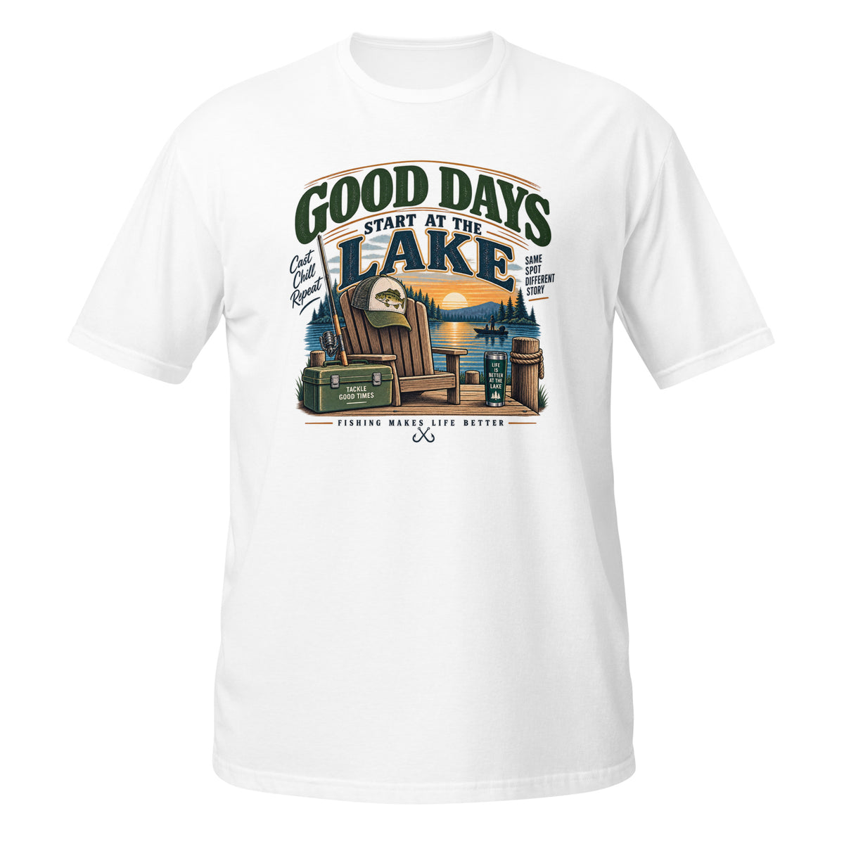 Good Days Start at the Lake Fishing Tee in white, front view