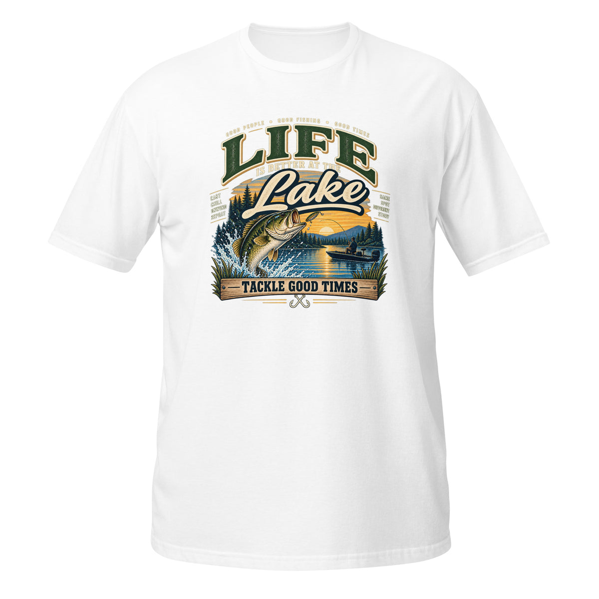 Tackle Good Times at the Lake Tee in white, front view