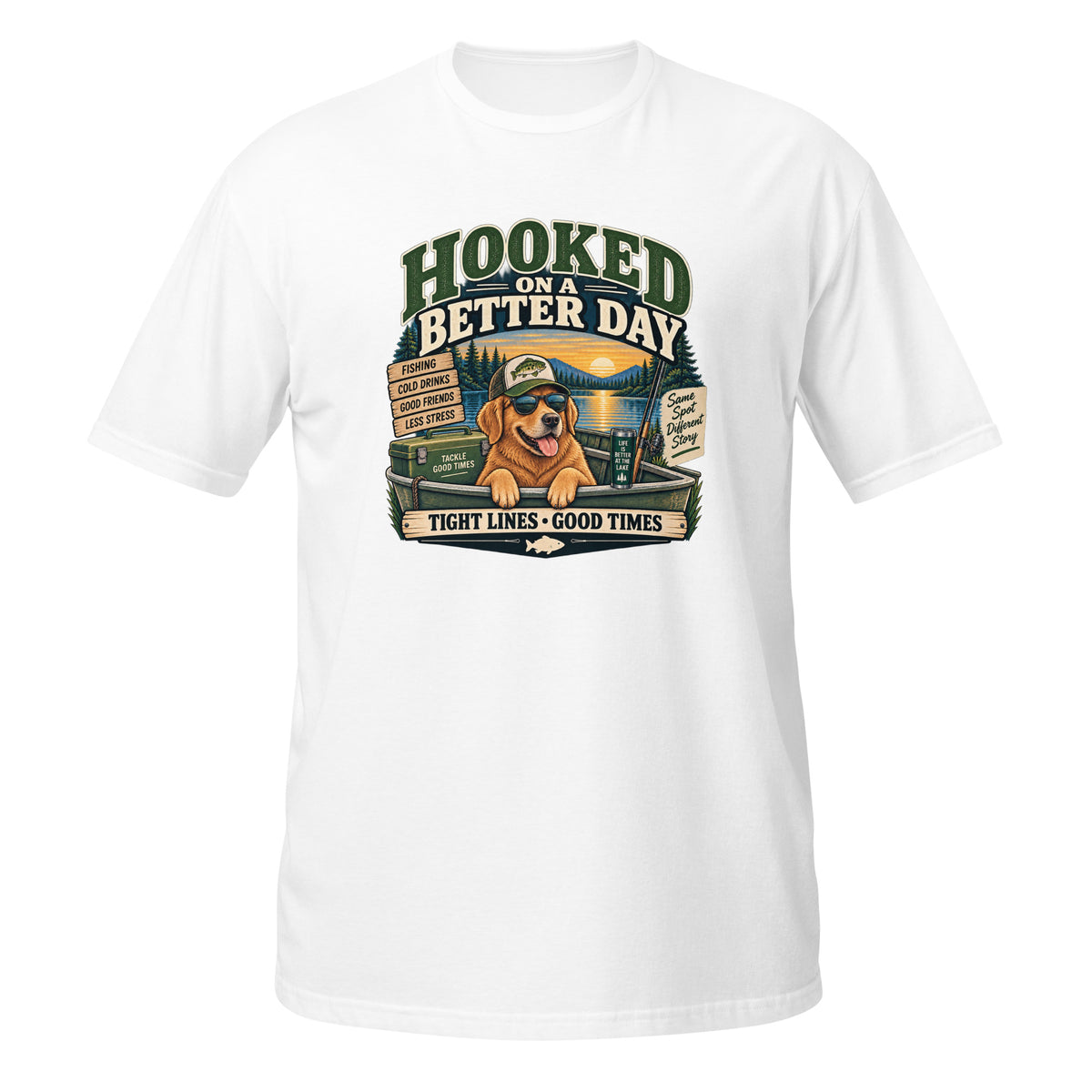 Hooked on a Better Day Dog Fishing Tee in white, front view