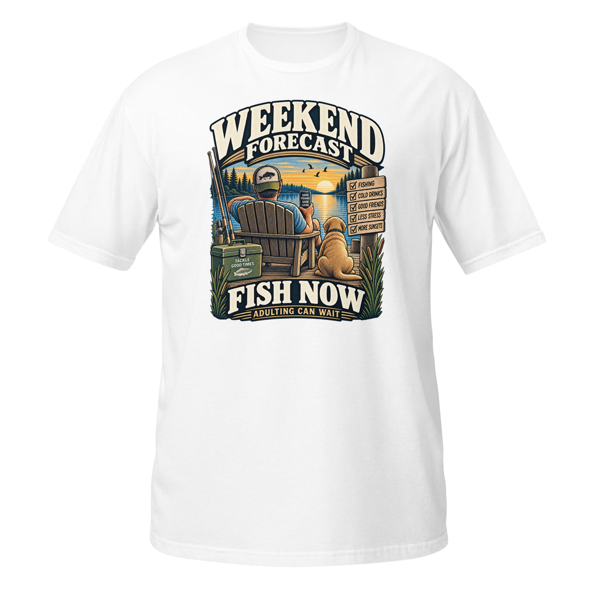 Weekend Forecast Fish Now Adulting Can Wait Tee in white, front view