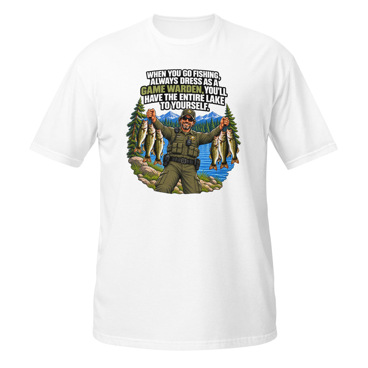 Dress Like a Game Warden Fishing Tee in white, front view